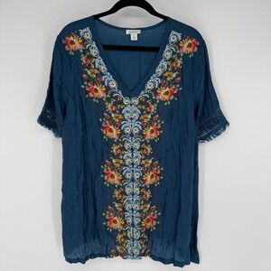 SUNDANCE ROSSI SHORT SLEEVE BLOUSE EMBROIDERED 100% CUPRO LIGHTWEIGHT